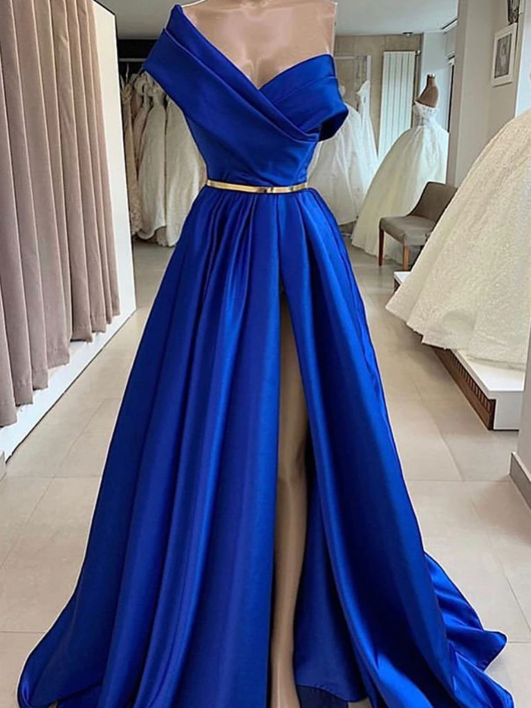 Vintage Royal Blue Satin Ball Gowns Wedding Dresses Lace Cap Sleeves –  alinanova