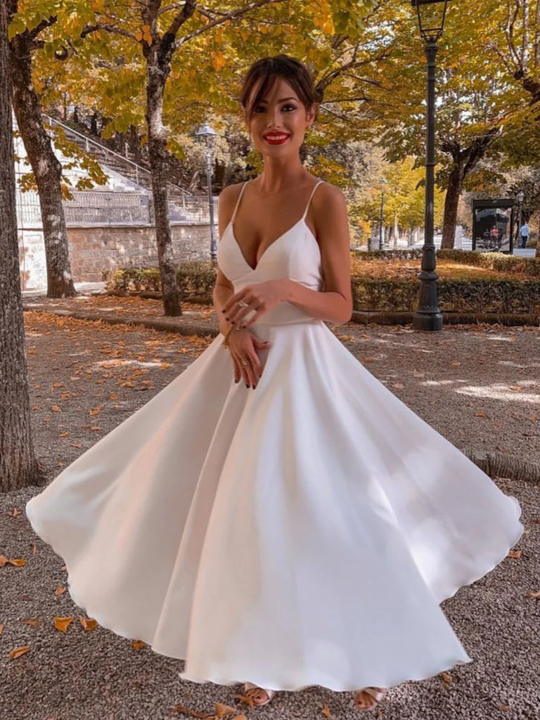 A Line V Neck White Prom Dresses, Satin Tea Length White Formal Weddin morievent A Line V Neck White Prom Dresses, Satin Tea Length White Formal Weddin morievent