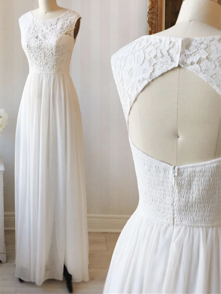 Round Neck White Lace Chiffon Long Prom Dresses, Round Neck White Lace Chiffon Formal Evening Bridesmaid Dresses