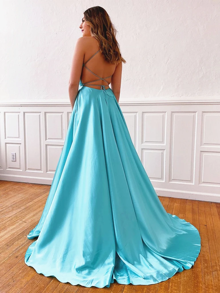 V Neck Blue/Aqua Spaghetti Straps Backless Long Prom Dresses With Leg Slit, Backless Blue/Aqua Long Formal Evening Graduation Dresses V Neck Blue/Aqua Spaghetti Straps Backless Long Prom Dresses With Leg Slit, Backless Blue/Aqua Long Formal Evening Graduation Dresses
