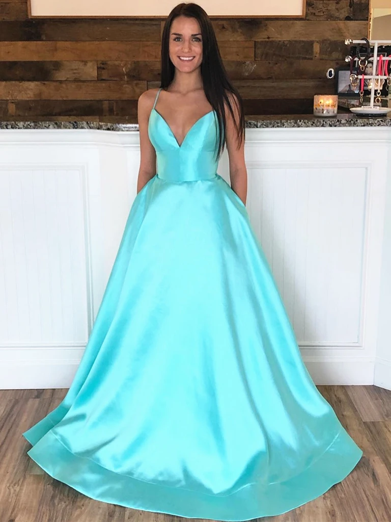 V Neck Blue/Aqua Spaghetti Straps Backless Long Prom Dresses, Thin sho morievent V Neck Blue/Aqua Spaghetti Straps Backless Long Prom Dresses, Thin sho morievent