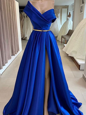 One Shoulder Royal Blue Satin Long Prom Dresses With Side Leg Slit , Royal Blue Long Formal Evening Dresses