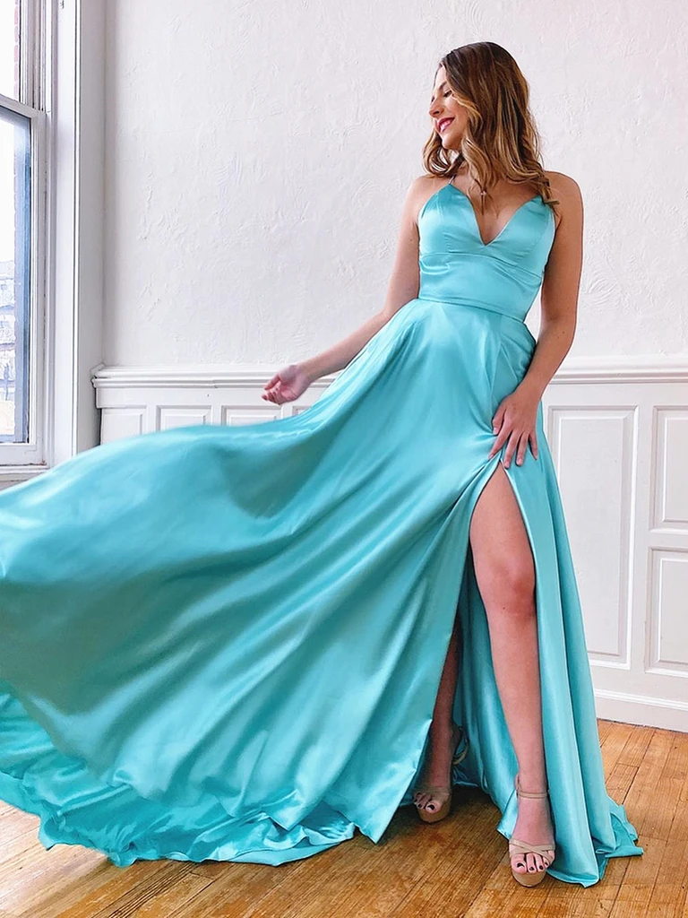 V Neck Blue Aqua Spaghetti Straps Backless Long Prom Dresses With Leg Slit Backless Blue Aqua Long Formal Evening Graduation Dresses