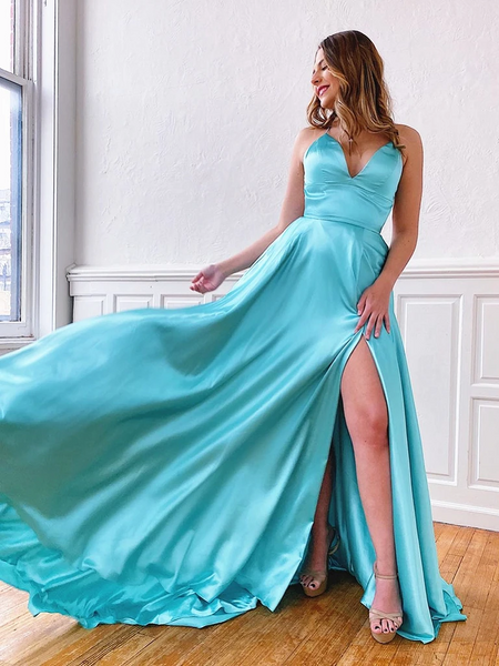V Neck Blue/Aqua Spaghetti Straps Backless Long Prom Dresses With Leg Slit, Backless Blue/Aqua Long Formal Evening Graduation Dresses