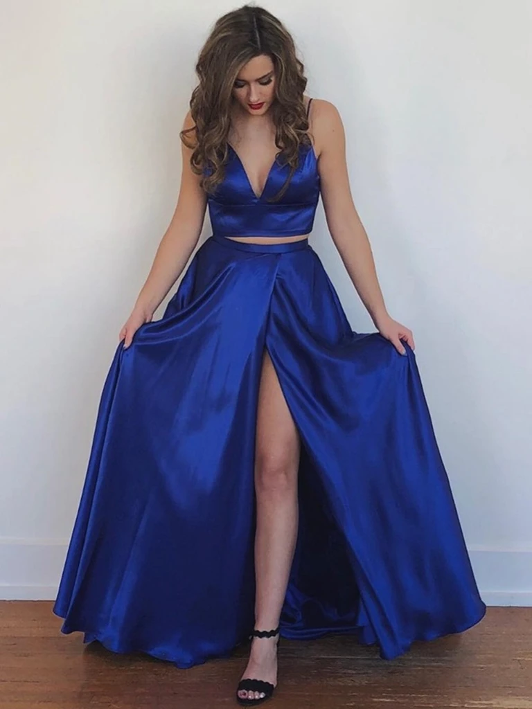 A Line V Neck Two Pieces Backless Royal Blue Prom Dresses with High Slit, 2 Pieces Royal Blue Backless Formal Evening Dresses A Line V Neck Two Pieces Backless Royal Blue Prom Dresses with High Slit, 2 Pieces Royal Blue Backless Formal Evening Dresses