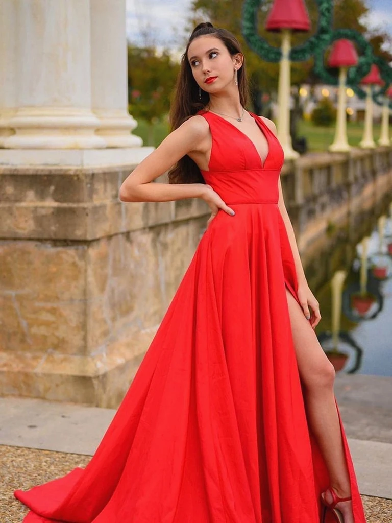 V Neck Red Satin Long Prom Dresses with High Leg Slit, Red V Neck Form morievent V Neck Red Satin Long Prom Dresses with High Leg Slit, Red V Neck Form morievent