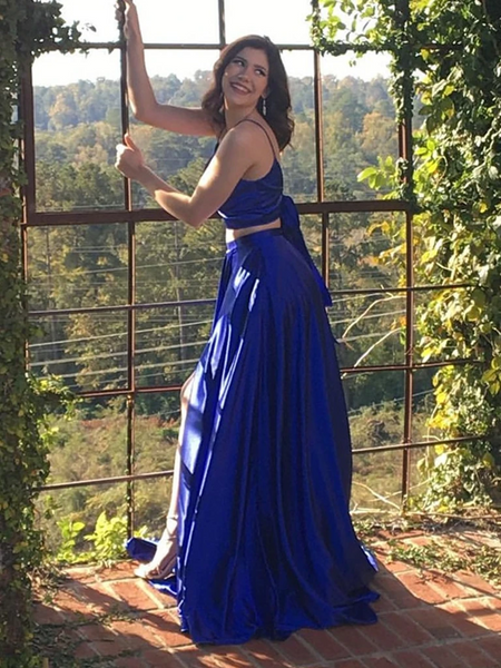 A Line V Neck Two Pieces Backless Royal Blue Prom Dresses with High Slit, 2 Pieces Royal Blue Backless Formal Evening Dresses
