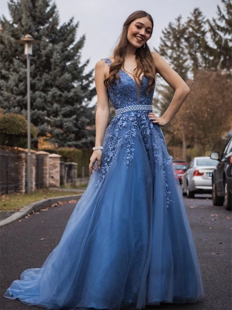 V Neck Blue Lace Tulle Long Prom Dresses, V Neck Blue Lace Tulle Long Formal Evening Dresses
