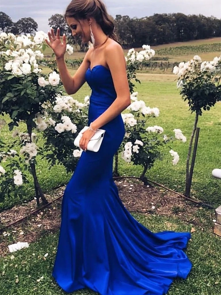 Sweetheart Neck Mermaid Strapless Tube Top Royal Blue Satin Prom Dresses Mermaid Royal Blue Formal Evening Graduation Dresses