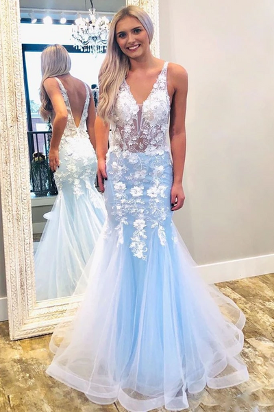 V Neck Mermaid Blue Open Back Lace Appliques Floral Long Prom Dresses, Lace Appliques Floral Mermaid Blue Formal Evening Dresses