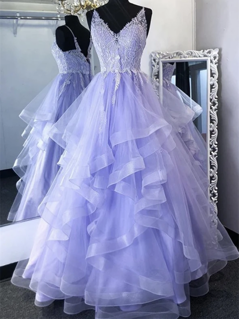 V Neck Purple Lace Long Prom Gown, Lilac Lace Formal Evening Party Dresses, Purple Lace Long Prom Dresses