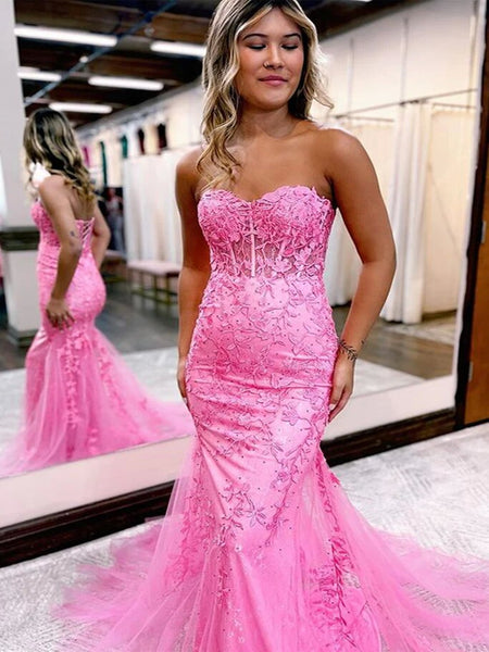 Strapless Mermaid Pink Lace Long Prom Dress, Pink Lace Formal Dress, Mermaid Pink Evening Dress