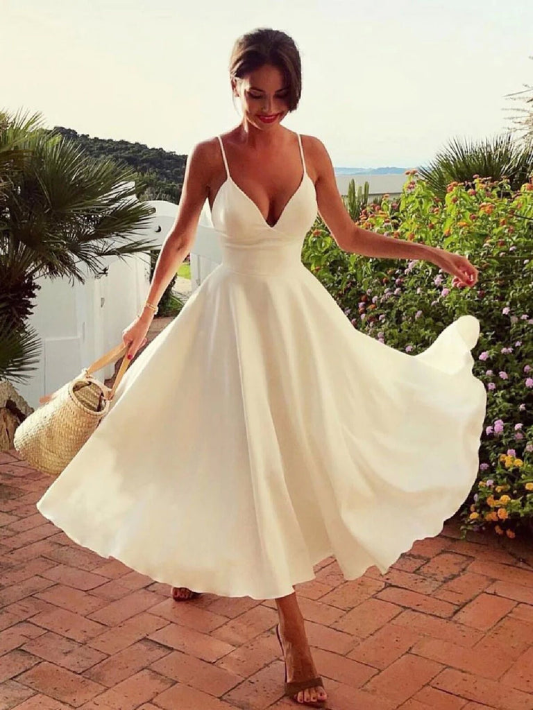A Line V Neck White Prom Dresses, Satin Tea Length White Formal Weddin morievent A Line V Neck White Prom Dresses, Satin Tea Length White Formal Weddin morievent