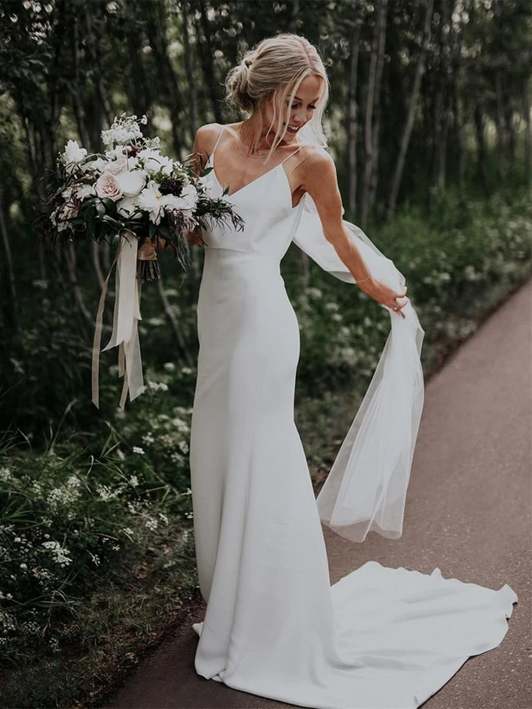 Sheath V Neck Spaghetti Straps Mermaid White Backless Beach Wedding Dr morievent Sheath V Neck Spaghetti Straps Mermaid White Backless Beach Wedding Dr morievent