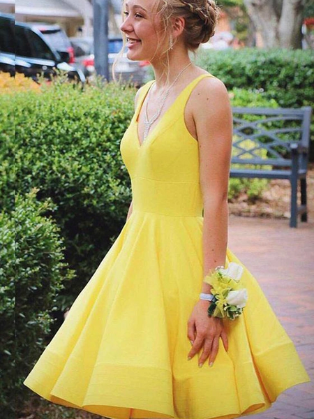 A Line V Neck Yellow Satin Short Prom Dresses, Yellow Satin Short Formal Evening Homecoming Graduation Dresses