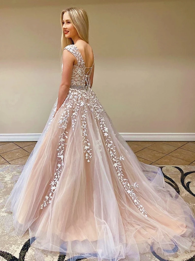 Round Neck Champagne Lace Cap Sleeves Backless Long Prom Dresses