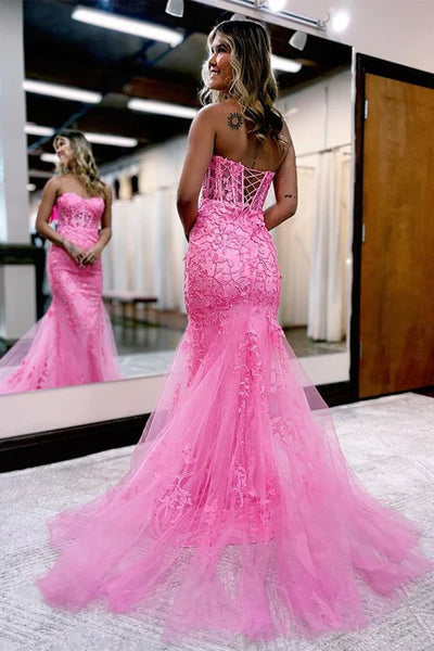 Strapless Mermaid Pink Lace Long Prom Dress, Pink Lace Formal Dress, Mermaid Pink Evening Dress