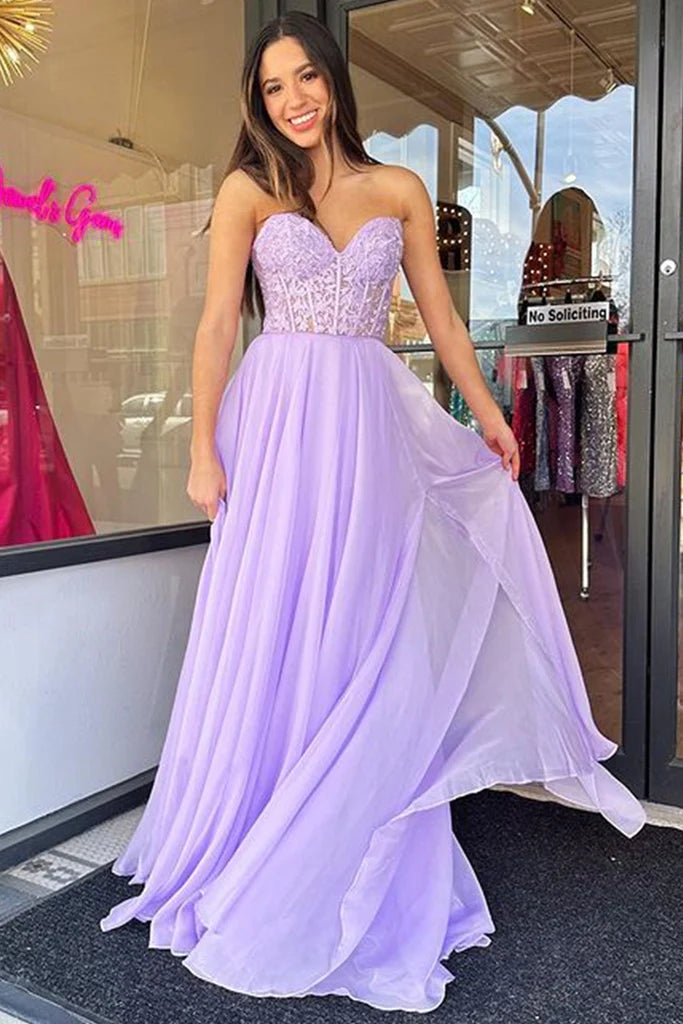 Strapless Sweetheart Neck Purple Lace Long Prom Dress, Lavender Lace F morievent Strapless Sweetheart Neck Purple Lace Long Prom Dress, Lavender Lace F morievent