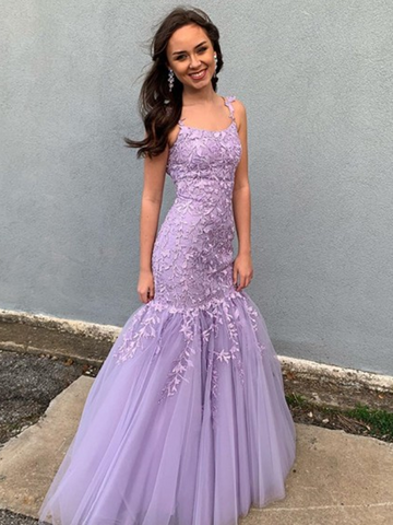 Purple Mermaid Spaghetti Straps Floor Length Lace Prom Dresses With Appliques, Purple Mermaid Evening Dresses