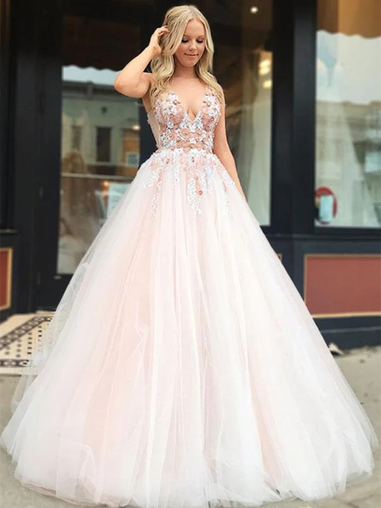 V Neck Light Pink Tulle Lace Applique Long Prom Dresses, Light Pink Tu –  morievent