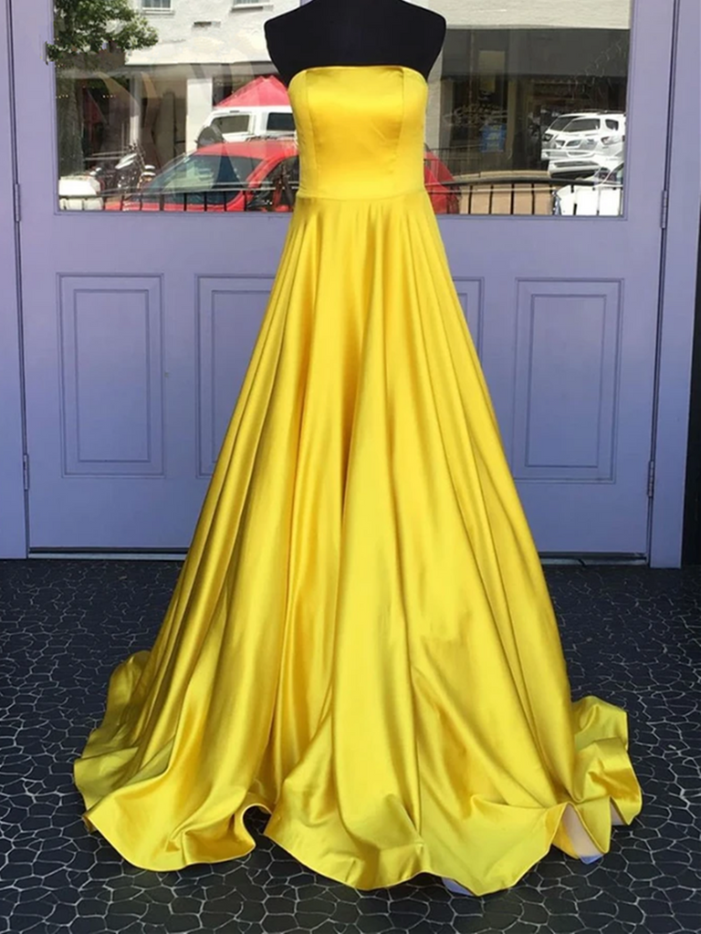 Simple Strapless Yellow Satin Long Prom Dresses, Strapless Yellow Satin Long Formal Evening Graduation Dresses