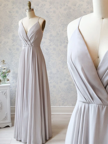 Simple V Neck Gray A Line Long Prom Dresses, V Neck Grey Formal Evening Graduation Dresses