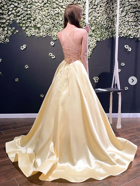 A Line V Neck Backless Satin Yellow Long Prom Dresses, Open Back Yellow Satin Formal Evening Graduation Dresses