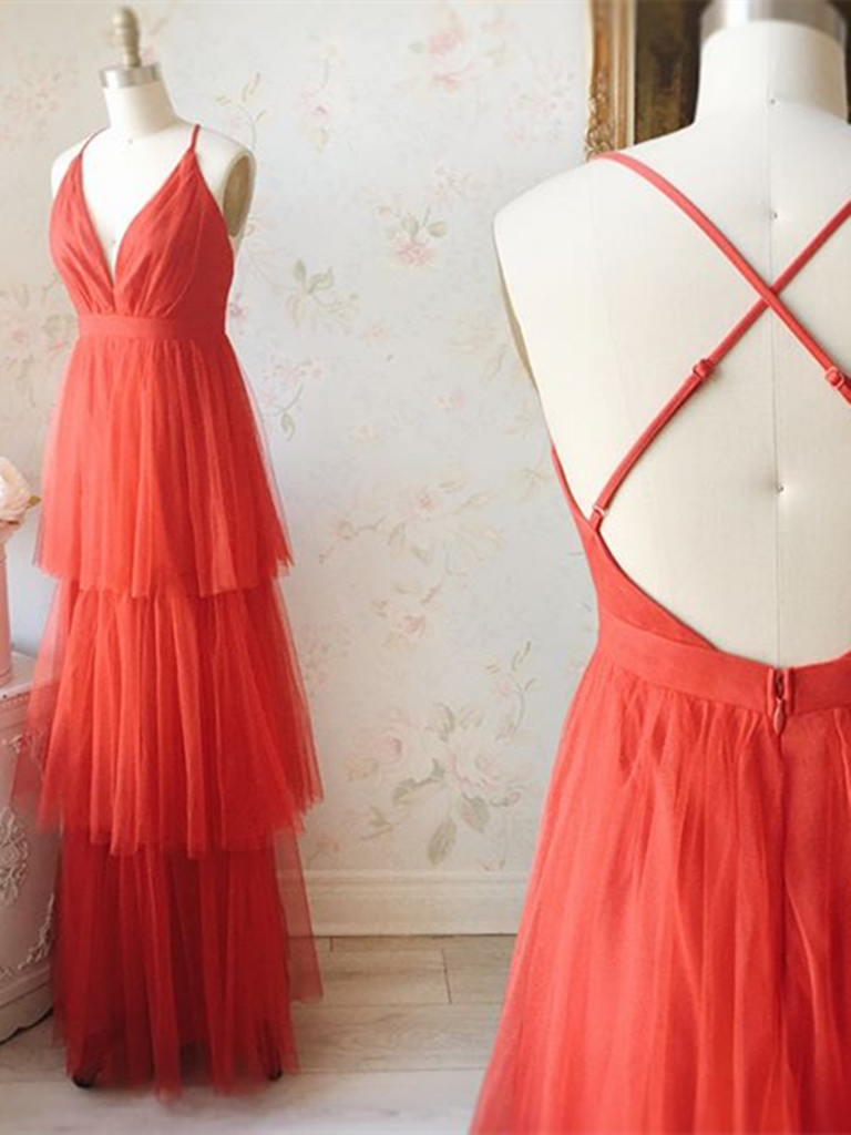 V Neck Orange Red Backless Tulle Prom Dresses, Backless Orange Red Formal Evening Dresses