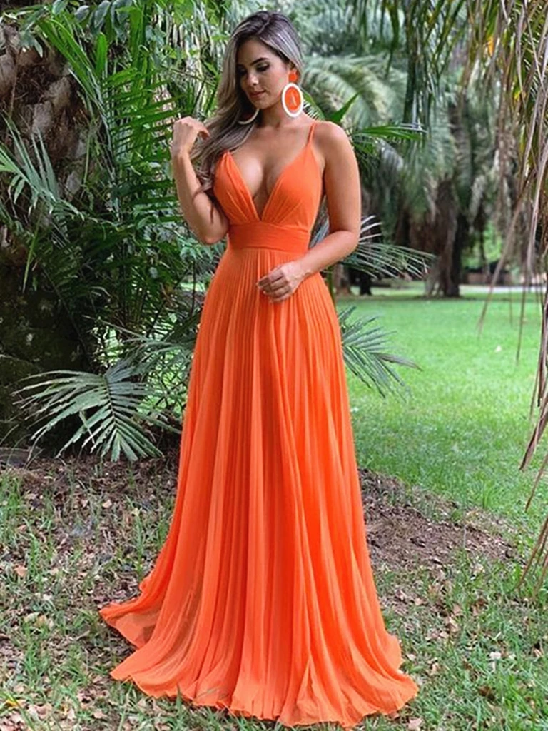 Sexy Deep V Neck Orange Chiffon Open Back  Prom Dresses, Backless Orange Formal Evening Dresses