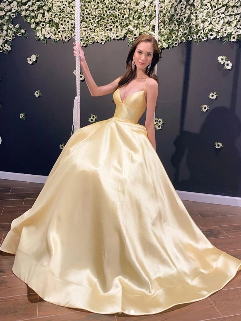 Strappy-Open-Back Long Gold Satin Prom Dress -PromGirl