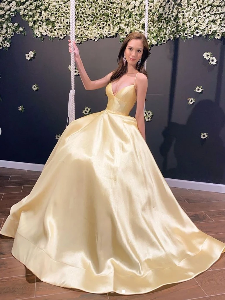 A Line V Neck Backless Satin Yellow Long Prom Dresses, Open Back Yello morievent A Line V Neck Backless Satin Yellow Long Prom Dresses, Open Back Yello morievent