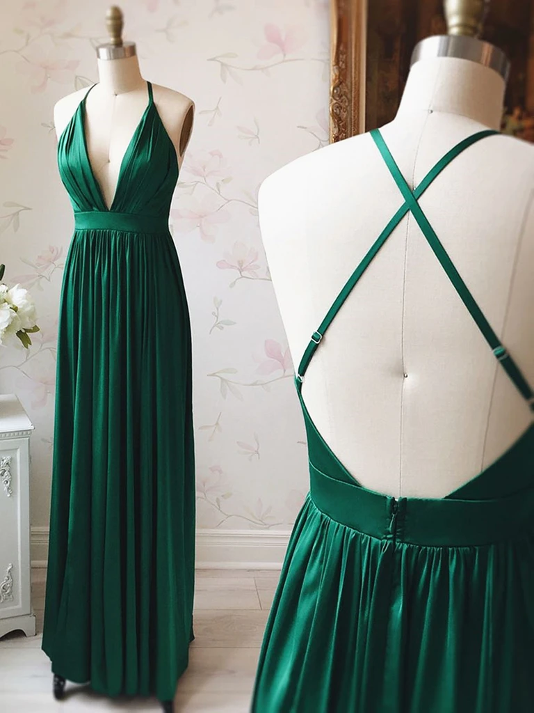 V Neck Emerald Green Backless Prom Dresses, Backless Green Formal Evening Dresses