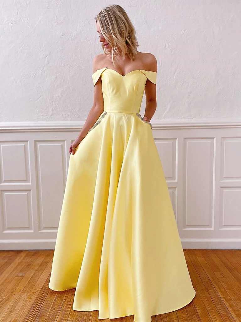 Bright Yellow Prom Evening Dresses Off the Shoulder Lace Long Party Formal  Dress | eBay