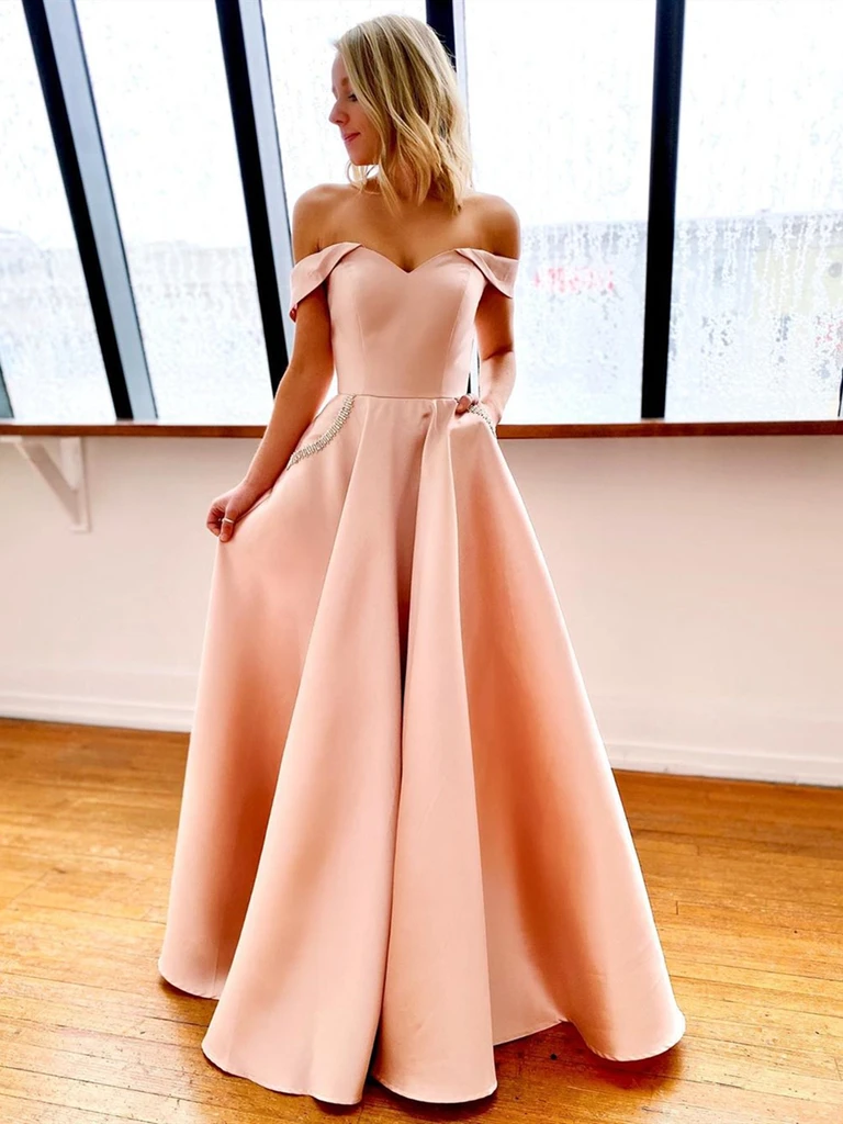 Off Shoulder Yellow/Pink Long Prom Dresses with Pockets, Off the Shoul morievent Off Shoulder Yellow/Pink Long Prom Dresses with Pockets, Off the Shoul morievent