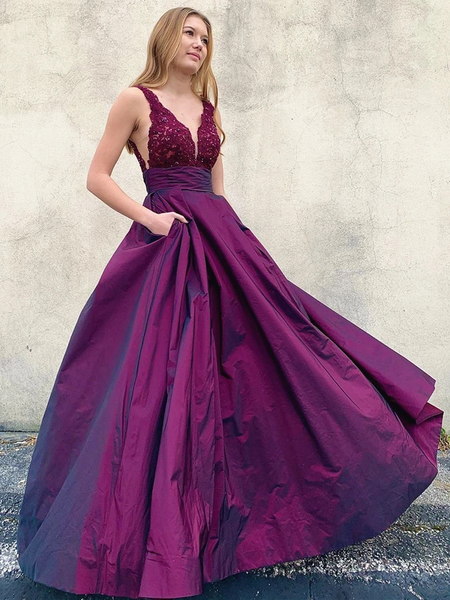 V Neck Purple Lace Open Back Long Prom Dresses with Pockets, Backless Purple Lace Formal Evening Dresses
