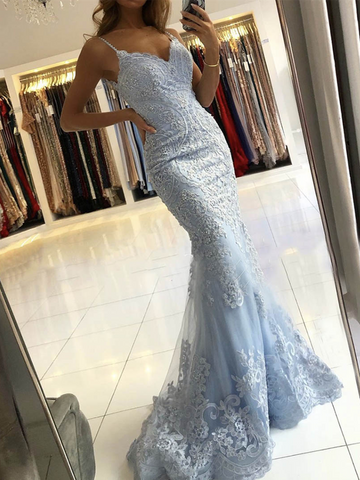 V Neck Blue Lace Mermaid Long Prom Dresses, Mermaid Blue Lace Formal Evening Dresses