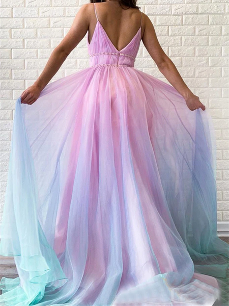 Custom Made V Neck Ombre Spaghetti Straps Sleeveless Tulle Long Prom Dresses, Multi Color V Neck Back Formal Evening Dresses