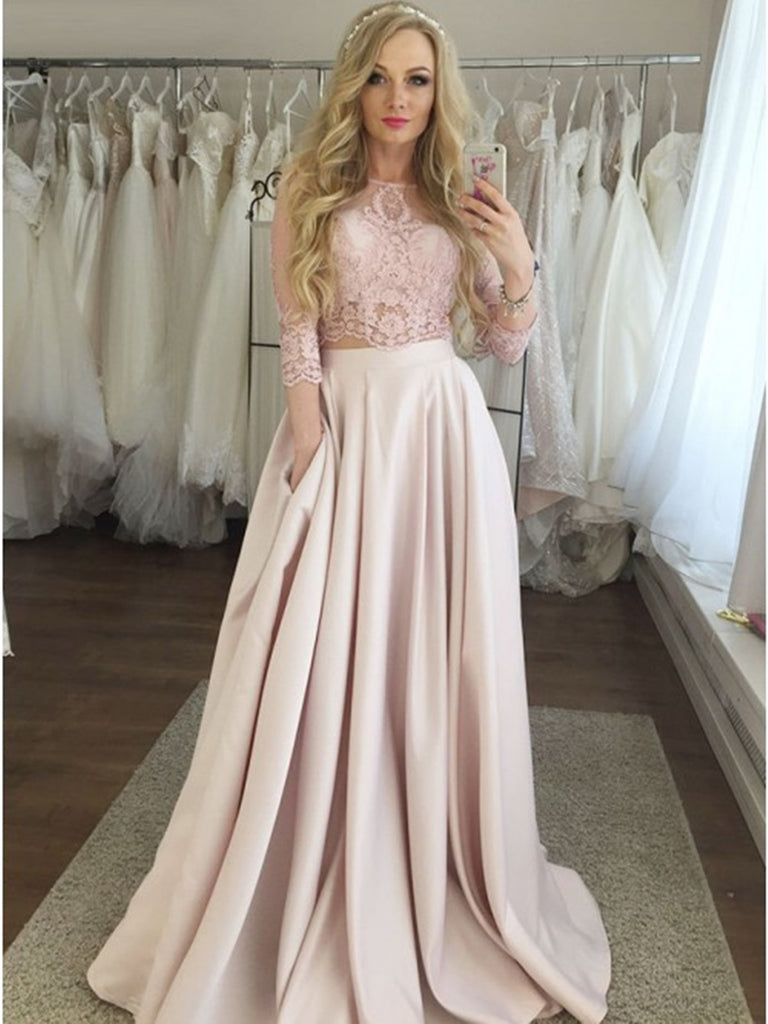 Two piece 3/4 sleeves pink prom dresses with pockets, Two piece pink l morievent Two piece 3/4 sleeves pink prom dresses with pockets, Two piece pink l morievent