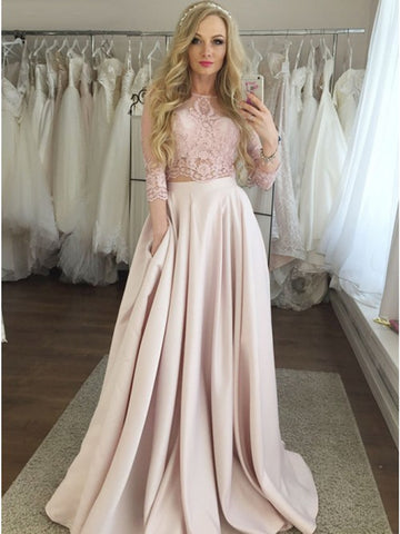 Two piece 3/4 sleeves pink prom dresses with pockets, Two piece pink lace formal evening dresses