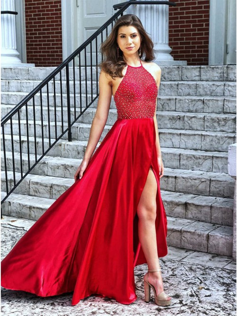 Red Halter Split Prom Dresses, Formal Dresses with Beadings, Red Graduation Dresses