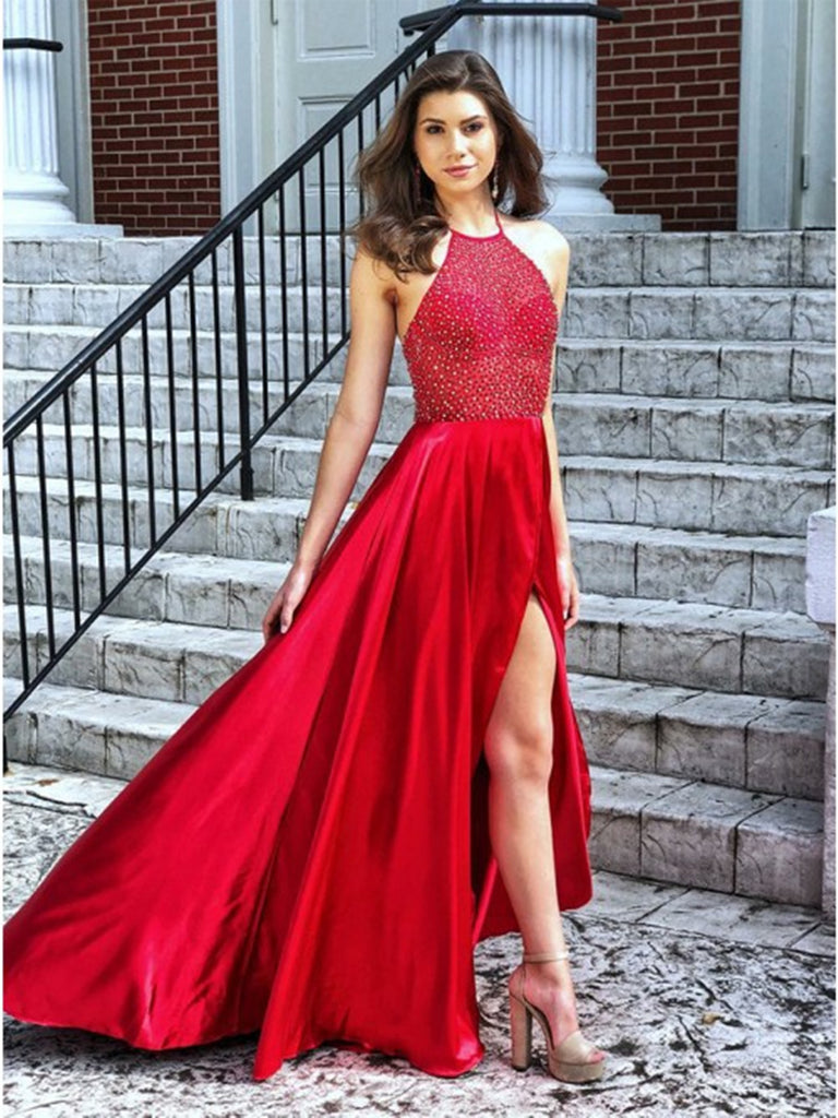 Red Halter Split Prom Dresses, Formal Dresses with Beadings, Red Gradu morievent Red Halter Split Prom Dresses, Formal Dresses with Beadings, Red Gradu morievent