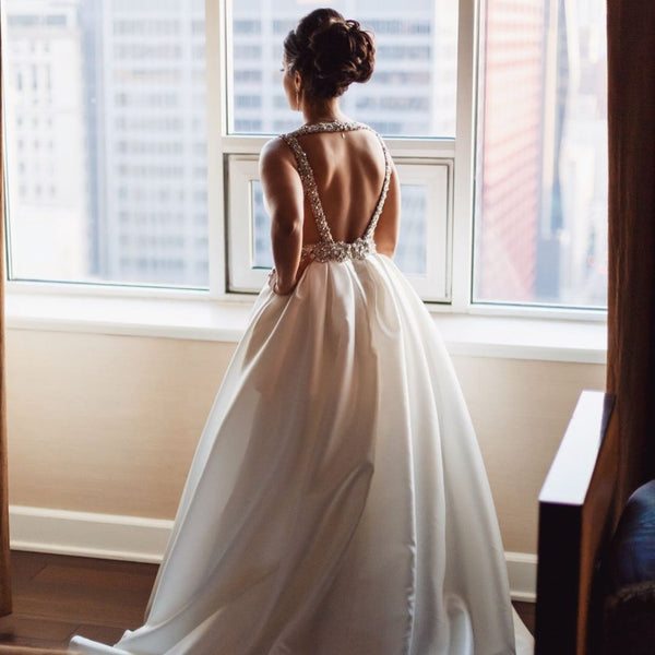 White Deep V Neck Backless Wedding Dress, Deep V Neck Prom Dress, Formal Dress