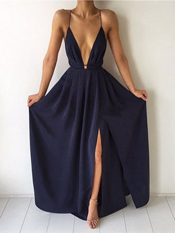 Custom Made A Line V Neck Backless Navy Blue Prom Dress, Navy Blue Formal Dresses