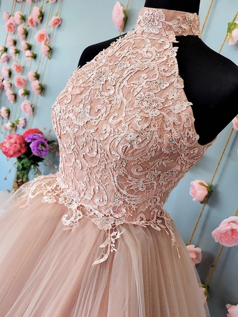 Open Back Halter Neck Pink Lace Short Prom Dresses, Halter Neck Short morievent Open Back Halter Neck Pink Lace Short Prom Dresses, Halter Neck Short morievent