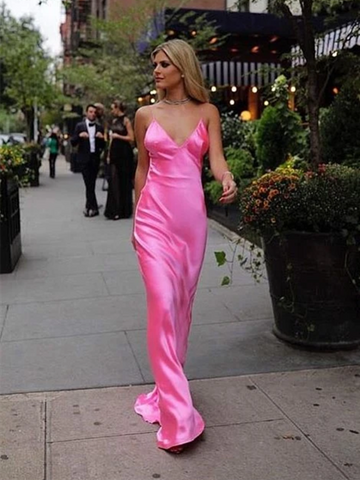 V Neck Spaghetti Straps Long Pink Prom Dresses, Mermaid Pink Satin Long Open Back Formal Evening Dresses