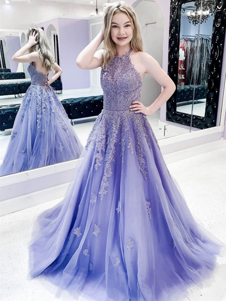 A Line Purple Lace Tulle Long Prom Dresses, Lace Purple Tulle Long Prom Dresses A Line Purple Lace Tulle Long Prom Dresses, Lace Purple Tulle Long Prom Dresses