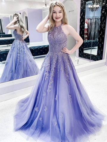 A Line Purple Lace Tulle Long Prom Dresses, Lace Purple Tulle Long Prom Dresses