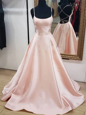 Simple A Line Pink Satin Backless Long Prom Dresses, Open Back Pink Formal Graduation Evening Dresses