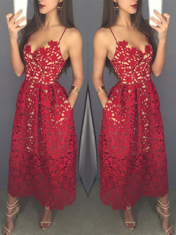 Sweetheart Neck Tea Length Red Lace Prom Dress with Spaghetti Straps, Red Lace Formal Dress