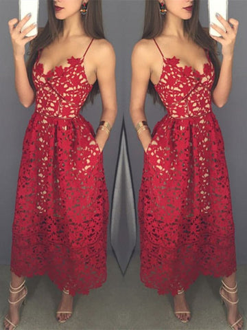 Sweetheart Neck Tea Length Red Lace Prom Dress with Spaghetti Straps, Red Lace Formal Dress